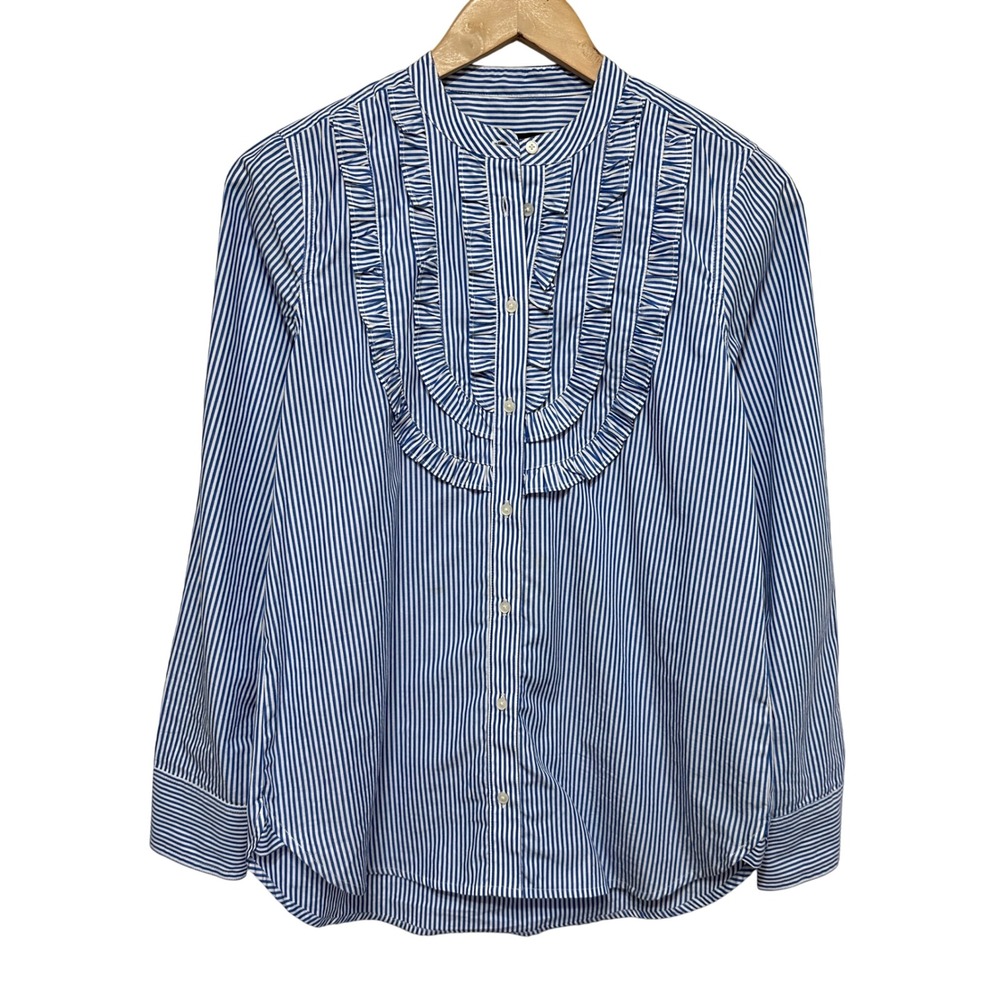 J.Crew Ruffle Bib Button Down Shirt Women S Blue Pinstripe Long Sleeve Preppy